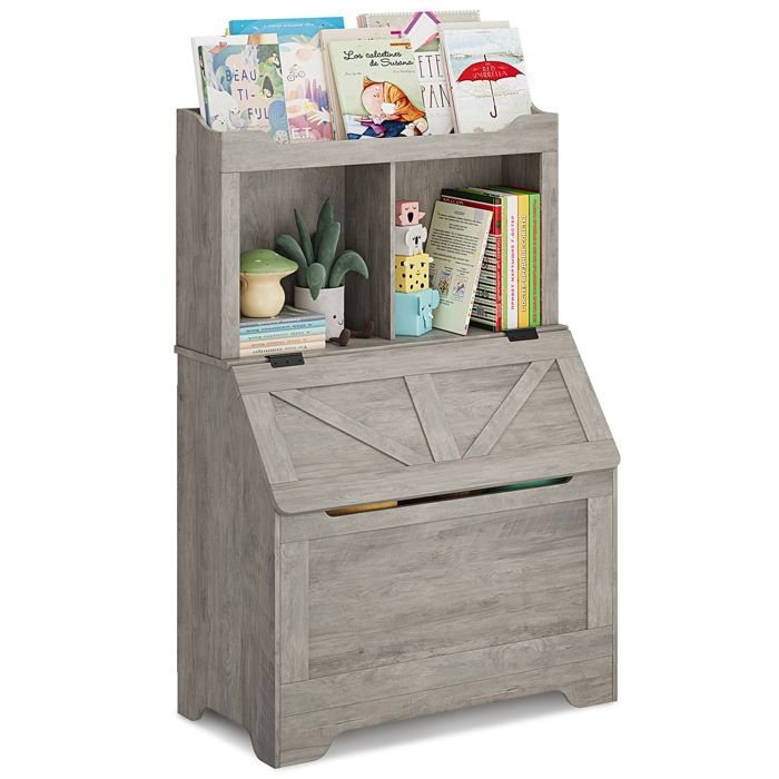 Bibliothèque enfant 3 étagères avec coffre à jouets en bois couvercle rabattable sécurité enfant rangement multifonction -gris