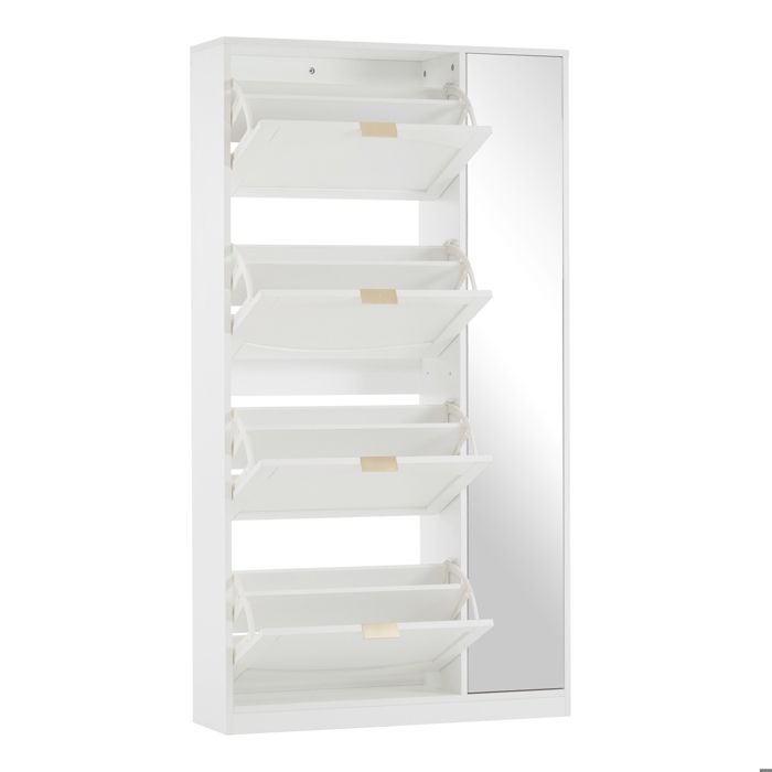 Meuble à chaussures blanc avec miroir 4 compartiments basculants rangement dentrée avec étagère réglable 80x147x24 cm