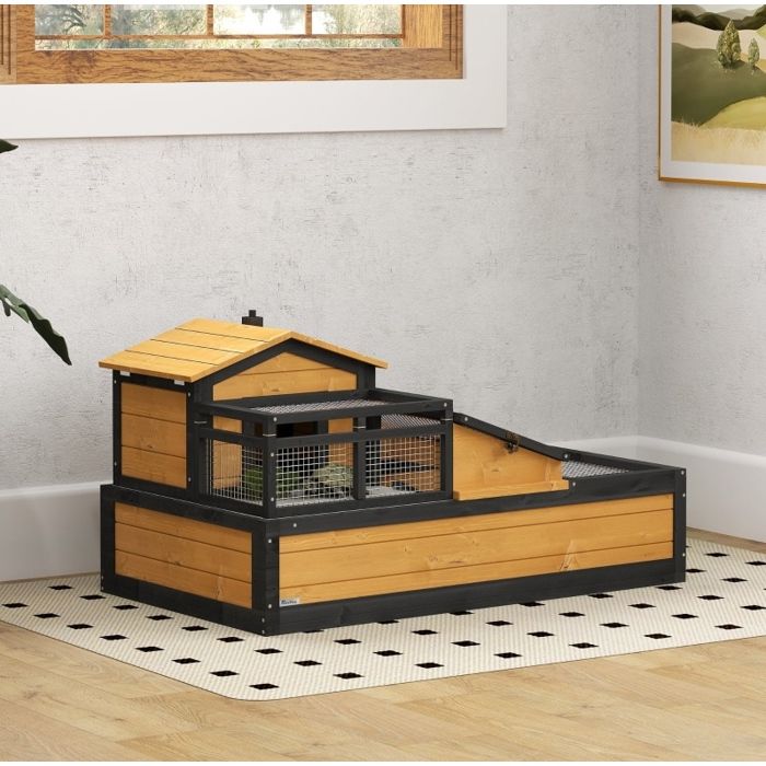Enclos pour tortue 2 niveaux 112 x 65 x 60 cm avec toits ouvrants grillagés bac plastique bois intérieur extérieur ORVRYN