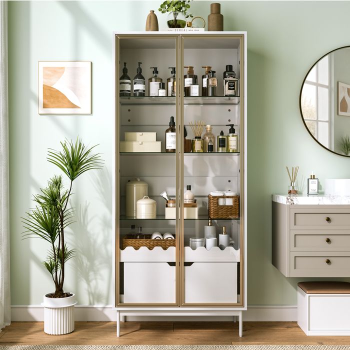 HOMVRA vitrine haute 75 x 35 x 170 8 cm avec 2 portes vitrees 2 tiroirs etageres reglables blanc et or