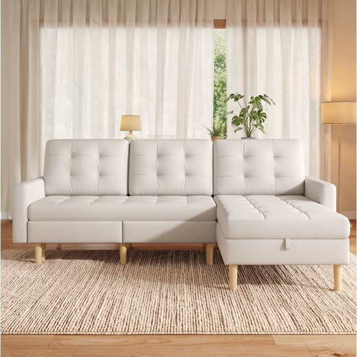 Canape D Angle 3 Places Beige Sofa L Reversible FloraGrace Pour Petit Salon Double Rangement 212x130x86cm