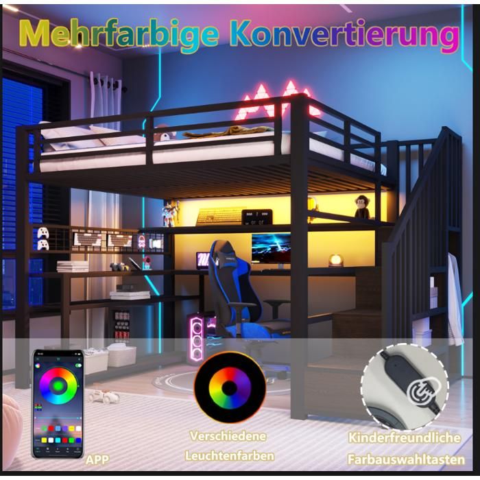 Lit Mezzanine 1 Place en métal avec LED et armoire Lit mezzanine gaming 90x200 pour gaming avec bureau et rangements Noir