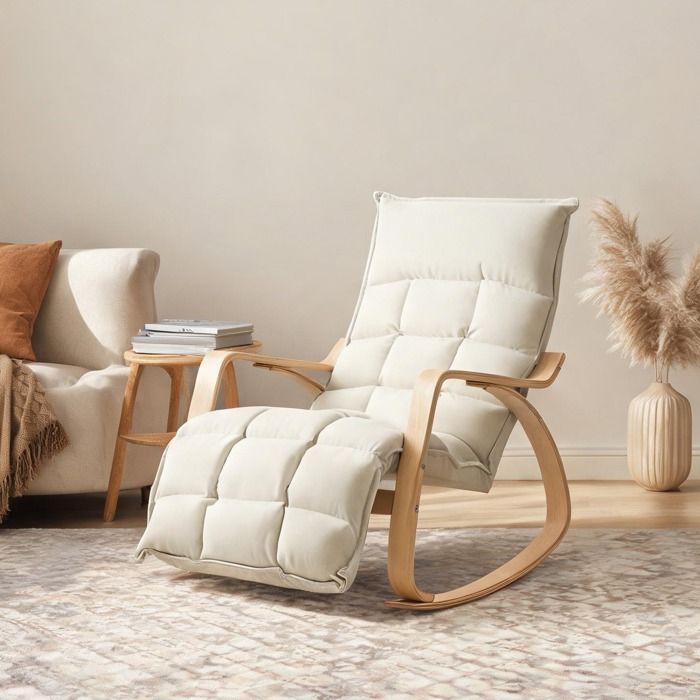Fauteuil à bascule 1 place avec repose-pieds ajustable revêtement effet lin blanc cadre stratifié de bouleau et acier