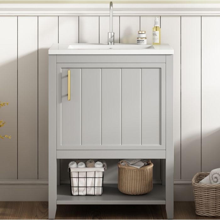 Meuble sous vasque avec 1 Porte et Étagères Vasque Intégrée en Céramique sur Pied MDF Gris Clair 61×47×87 cm