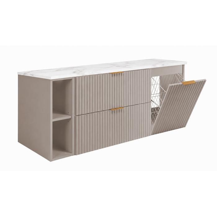 Meuble sous-vasque suspendu - Largeur 140 cm (20+80+40) - Plan Marbre Bianco - Panier à linge intégré - Poignées dorées