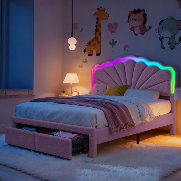 Lit 140×200 cm avec lumière LED tête de lit réglable Interface de Chargement tiroir de Rangement et Lattes Velours Teddy Rose