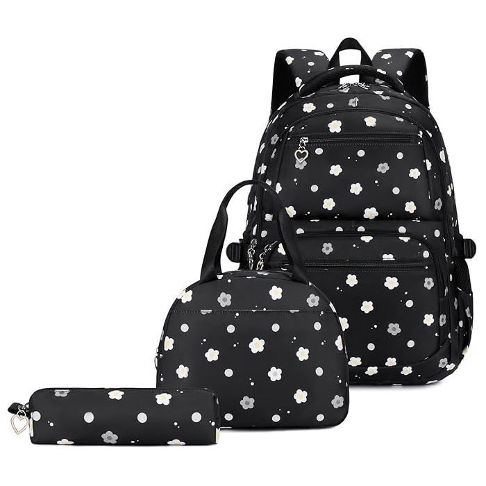 3Pcs Cartable Fille Primaire Sac à Dos Scolaire Grande Capacité Étanche Multi‑poches pour Collège Lycée - Noir