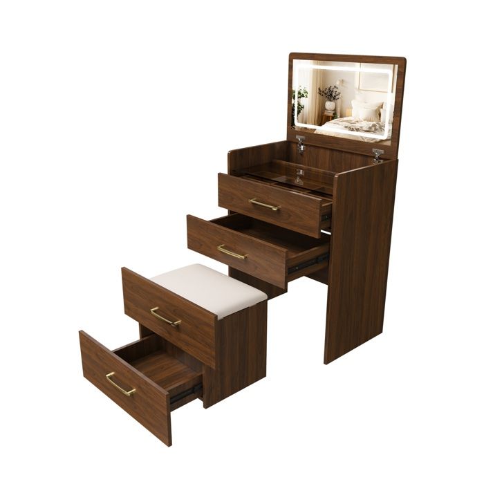 Coiffeuse 3-en-1 – Walnut – miroir rabattable plateau en verre 3 tiroirs – 60 x 40 x 118 cm