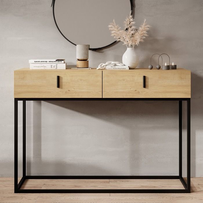 Meuble dentrée Table Console Structure Acier Noir Mat 120x37 5x83 6cm Couleur Chêne Eos 2 Tiroirs Modèle Aron Meuble dentrée Table Console Structure Acier Noir Mat 120x37 5x83 6cm Couleur Chêne Eos 2 Tiroirs Modèle Aron