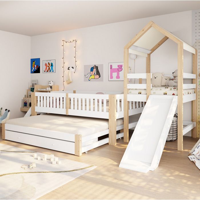 Lit cabane enfant 90x200 avec toboggan lit gigogne 90x190 échelle latérale tiroirs toit en tissu blanc naturel
