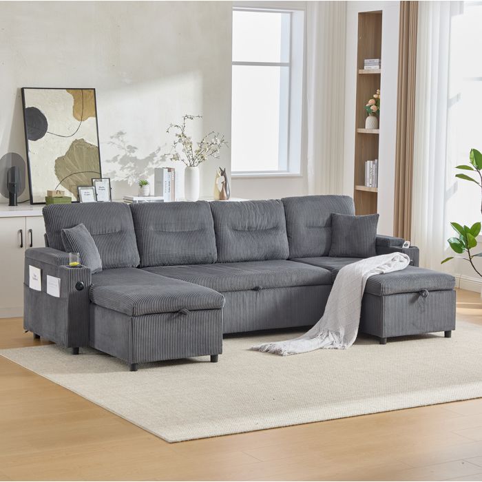 Canapé d’angle convertible 4 places avec rangement porte-gobelets et USB Type-C gris charbon TYNQER