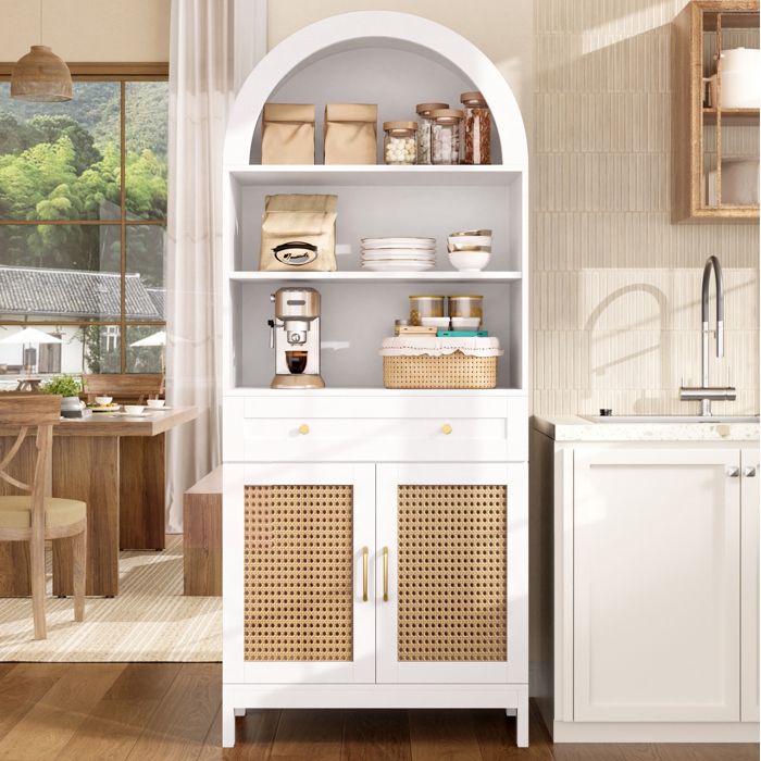 Vitrine arrondie EVRYAE 170 cm 3 niches 1 tiroir 2 portes rotin blanc et bois naturel