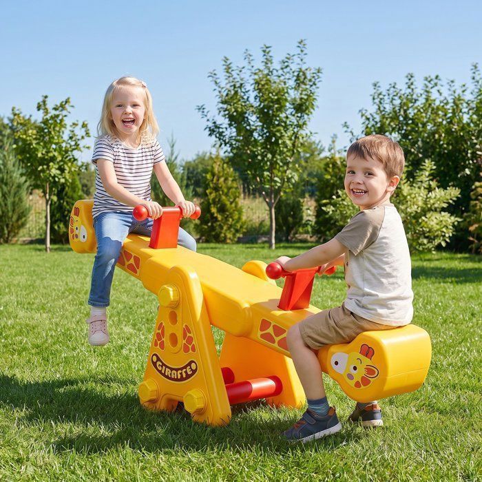 Bascule girafe pour deux enfants jeu de plein air en plastique robuste pour maison et jardin 1-6 ans Hauteur réglable 3 niveaux