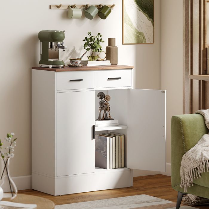 Buffet moderne - 2 portes 2 tiroirs - étagère intérieure réglable - Blanc et aspect bois - Kit anti-basculement