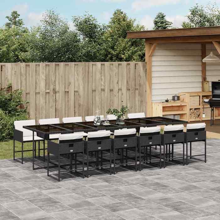 Ensemble repas de jardin - MAISON EXCLUSIVE - 13 pièces - Résine tressée noire - Coussins amovibles - Plateau verre trempé