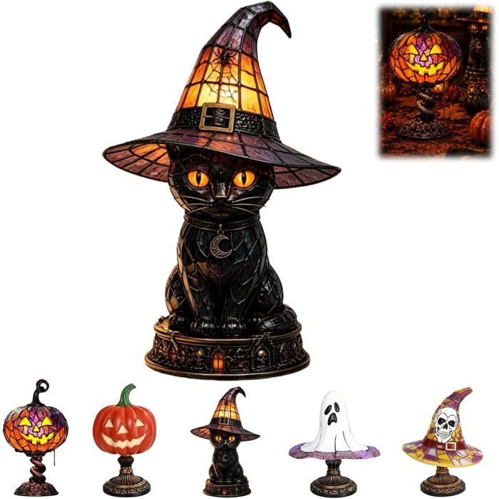 Lampe de table citrouille dHalloween en verre teinté style Tiffany style gothique vintage en résine alimentée par USB (L048)