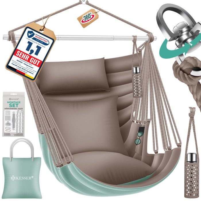 Fauteuil suspendu Haiti - KESSER - Charge 150 kg - Rotation 360° - 2 coussins inclus - Vert pierre et taupe Fauteuil suspendu Haiti - KESSER - Charge 150 kg - Rotation 360° - 2 coussins inclus - Vert pierre et taupe