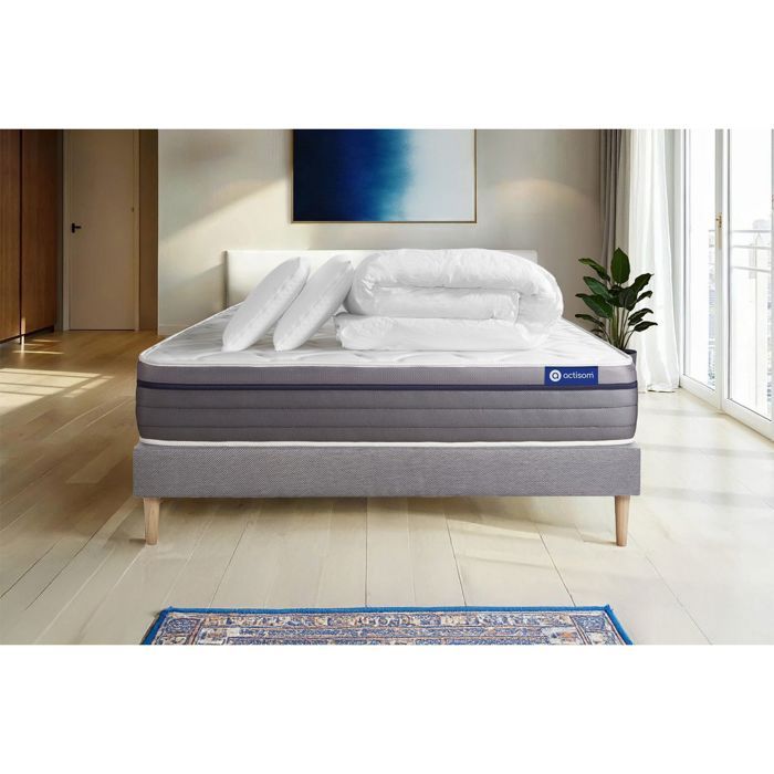 Pack lit complet 180x200 cm - Matelas + Sommier Gris (en kit) + 2 oreillers + Couette - Actilatex Ze
