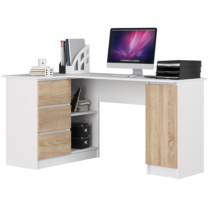 Bureau d'angle AKORD gauche B20 blanc 155 cm - 3 tiroirs - Chêne Sonoma