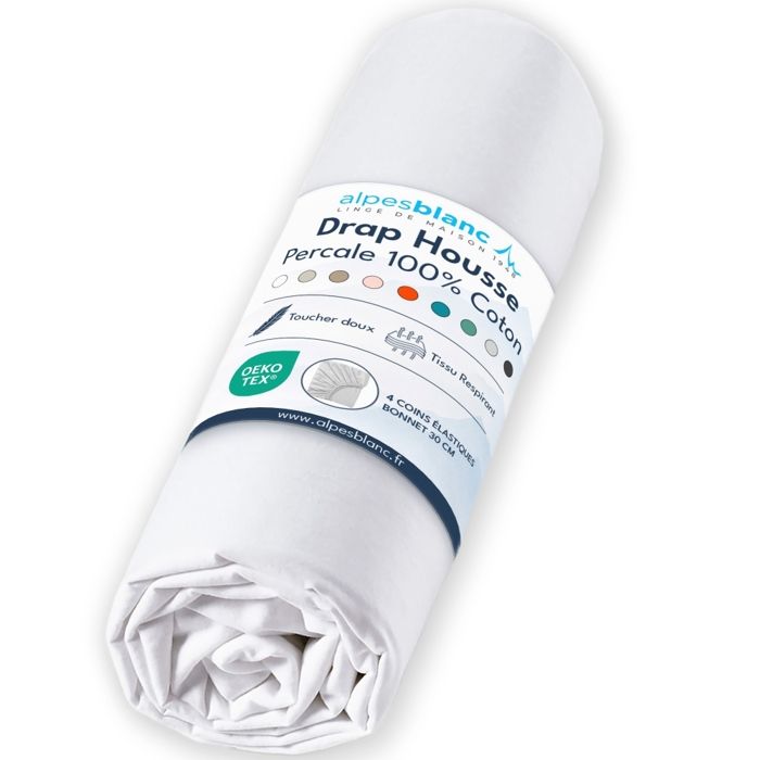 ALPES BLANC - Drap housse Percale 80 fils - Blanc 120x190 cm - Grand bonnet 30 cm – Fabrication Européenne – Doux résistant ALPES BLANC - Drap housse Percale 80 fils - Blanc 120x190 cm - Grand bonnet 30 cm – Fabrication Européenne – Doux résistant