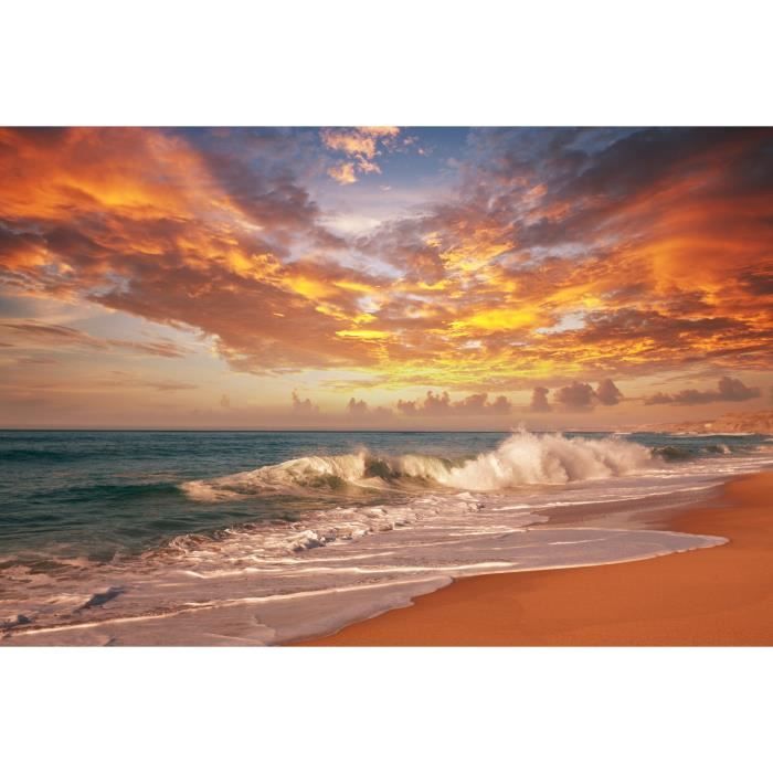 Autocollant Mural Repositionnable Coucher De Soleil Plage - Dimensions 28x18 Cm, Neuf