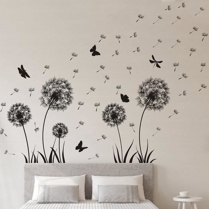 Stickers Muraux Pissenlit & Papillon Noir - 2 Pack - Déco Florale Amovible Pour Chambre, Salon Ou Bureau