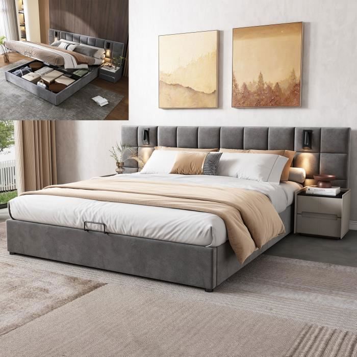 Lit Coffre Capitonné 180x200 Cm Avec LED Et Ports USB - Dossier Large, Rangement Intégré - Gris Velours - Sans Matelas - OKMYHOME