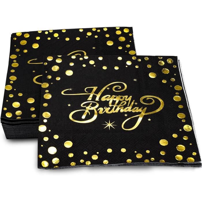10 Serviettes papier Joyeux anniversaire noir et or 33 x 33 cm