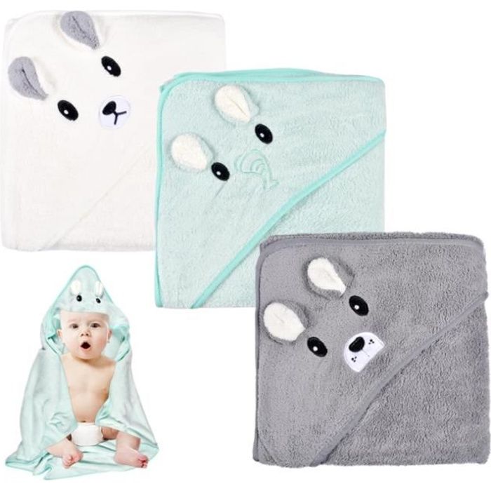 Capes De Bain Bébé à Capuche - Lot De 3 Serviettes 80x80 Cm, Polaire Corail Très Absorbante - Motifs Animaux Mignons - 9