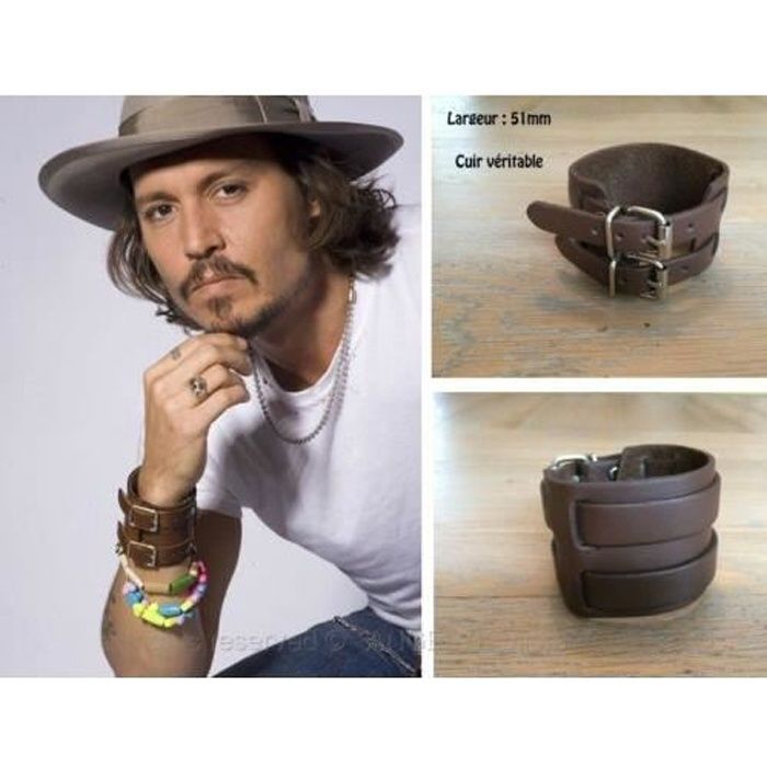 Bracelet De Force Vrai Cuir Double Rivet Marron Leather Brown Johnny Depp Style