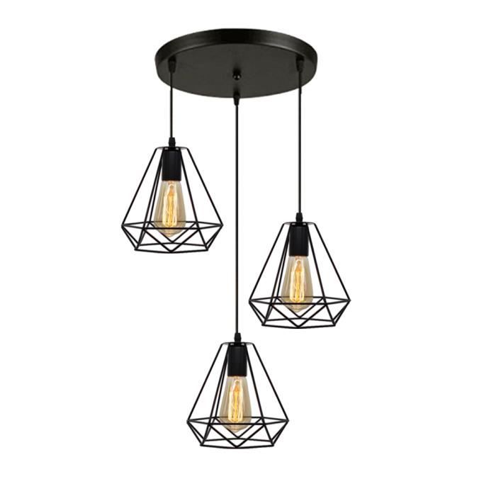 Suspension Luminaire Cage forme Diamant en Fer Noir 3 Tete Lampe Suspension Pendentif pour Cuisine Salon