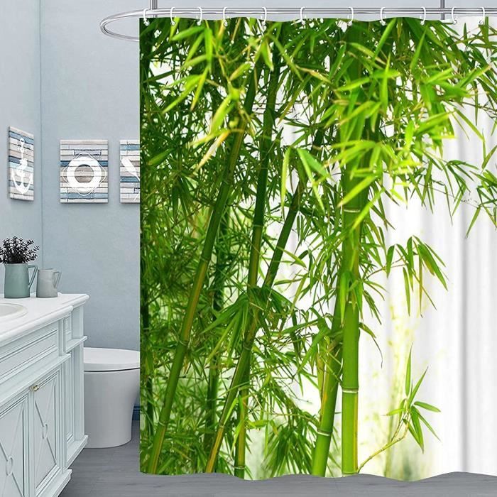 Rideau De Douche En Tissu De Bambou Vert Exotique Avec 12 Anneaux En C 180 X 180 Cm L X H 46 Cdiscount Maison