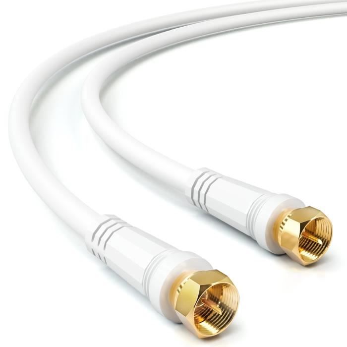 RELIAGINT Câble coaxial TV RG6 2m – 75 Ohm, câble antenne TV et satellite avec connecteurs F + coupleur F81, cuivre, étanche, jusqu'à 3 GHz, blanc
