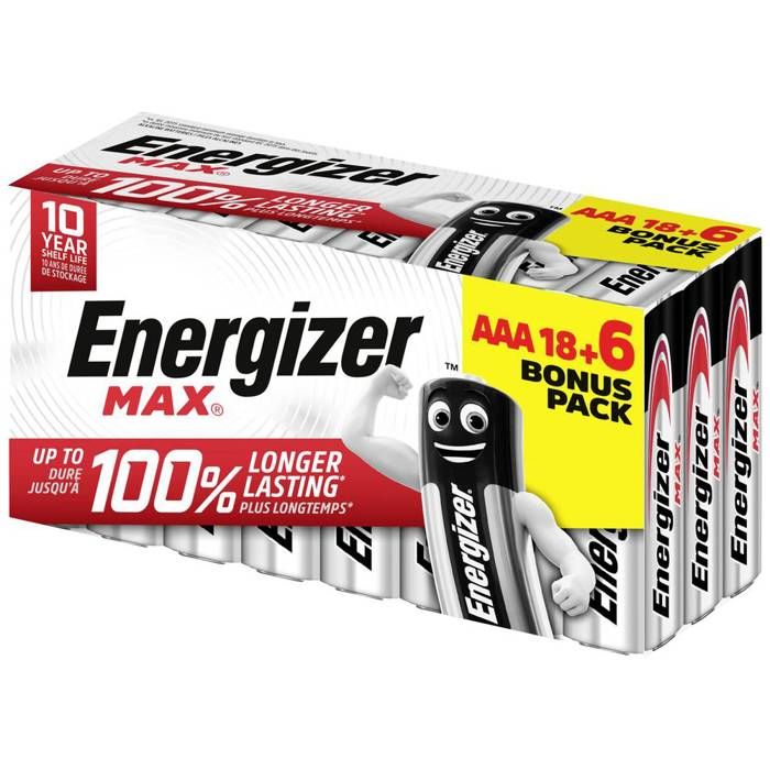 Piles alcalines - Energizer - Max AAA - Lot de 18 + 6 - Durabilité 10 ans - Sans fuites