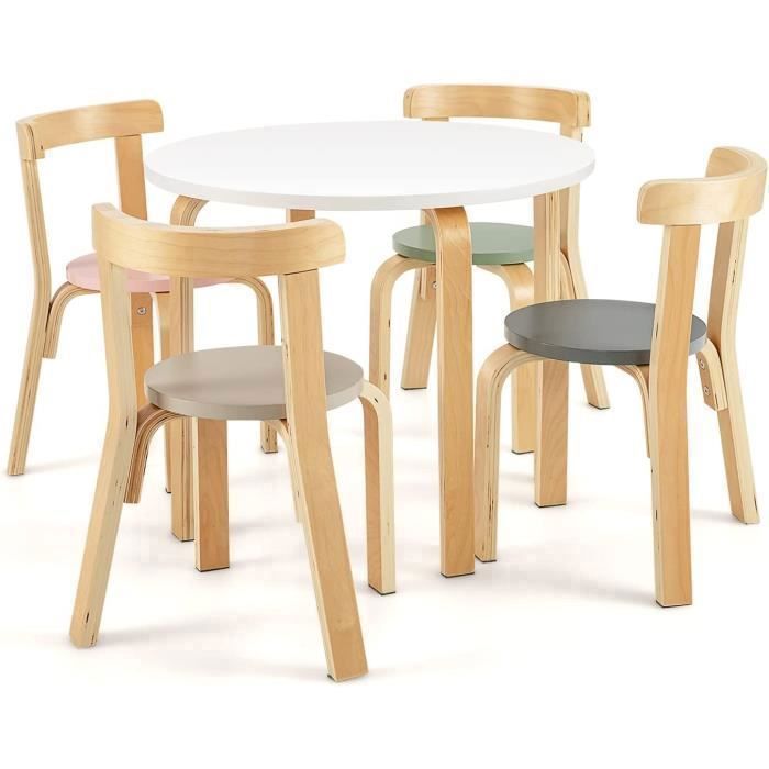 GOPLUS Ensemble Table et 4 Chaises Enfants 60x50x50CM en Bois de Peuplier Dossier Incurvé Idéal pour Manger/Jouer Charge