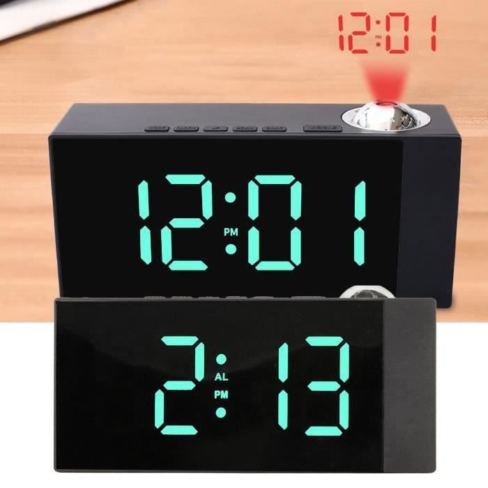Réveil Projecteur, Réveil à Projection 180°, Horloge Numérique Avec écran Miroir LED, Port USB Repetition 4 Niveaux De Luminosite 1224 Heures Boitier Noir Avec Texte Rouge 92364689