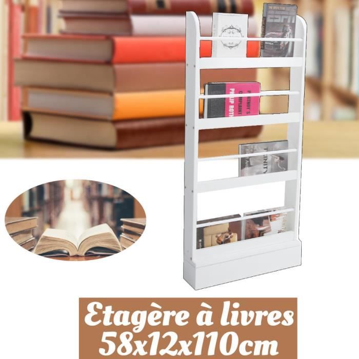 Bibliothèque Enfant Étagère Murale pour Chambre d’Enfant 4 étagères 58x12x110cm Blanc