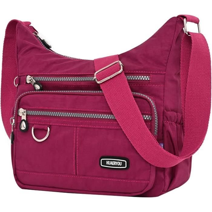 Sac Bandoulière Femme Nylon Imperméable Sacoche Messager Multi Poches Multifonctionnel Pour Voyage École Travail Shopping - Red