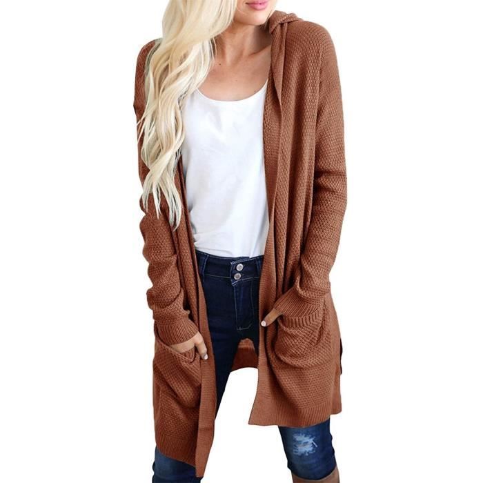 GILET - CARDIGAN Long Femme Manche Longue Cardigan Manteau Ouvert Chic et Elegant Chamois 