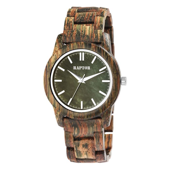 Montre homme - RAPTOR - Elementary - Boîtier bois 43 mm - Cadran vert & bracelet bois - Quartz Miyota 2035 Montre homme - RAPTOR - Elementary - Boîtier bois 43 mm - Cadran vert & bracelet bois - Quartz Miyota 2035