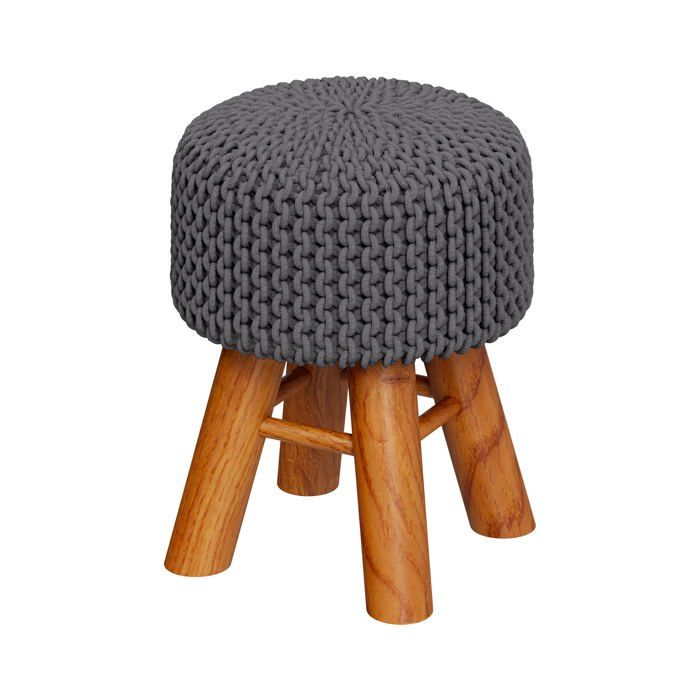 Petit tabouret rond en tricot coton gris foncé et pieds en bois - Lisa - Maison Pavane Petit tabouret rond en tricot coton gris foncé et pieds en bois - Lisa - Maison Pavane