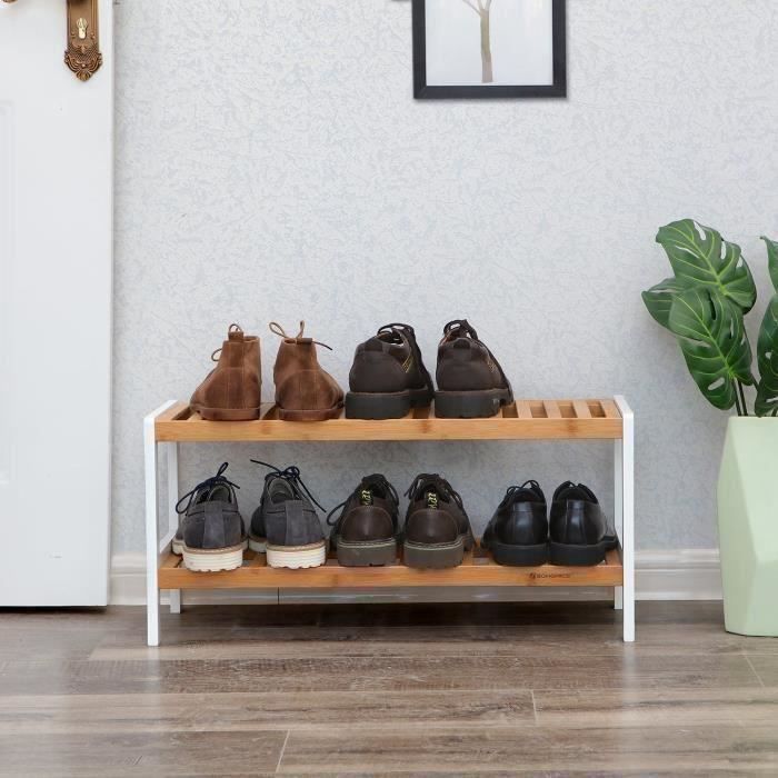 étagère à chaussures en bambou - songmics - 2 niveaux - blanc - meuble d'entrée