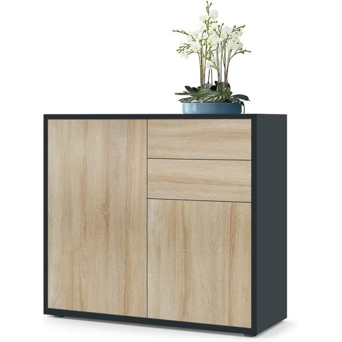 Commode 2 Portes Noire - Meuble De Rangement Pour Salon, Chambre, Couloir - Dimensions 111x57.3x42 Cm - Étagères Intérieures, Pieds Hauts - Design Moderne