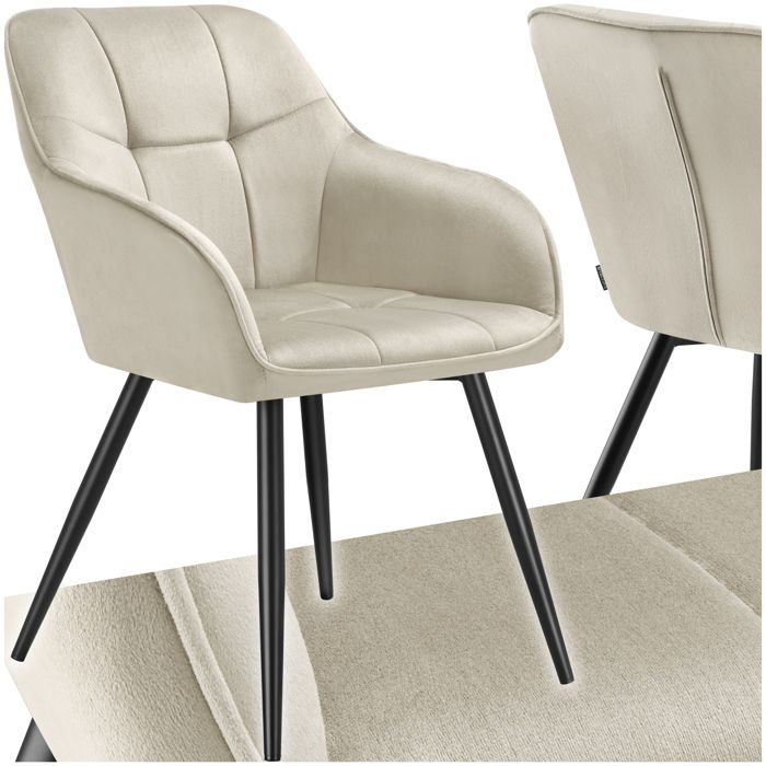 Chaise - TECTAKE - Chaise MARILYN effet velours capitonné rembourrée et pieds acier noir 58 x 62 x 82 cm - Crème/Noir