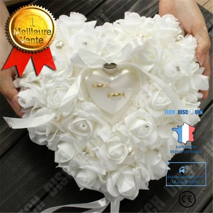 Minkissy Coussin pour alliances de mariage bourgeons de fleurs et fausses perles blanches avec rubans pour fête de mariage