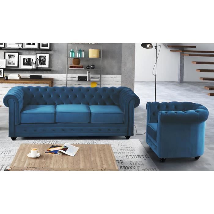 Canapé droit 3 places Bleu Velours Luxe Design