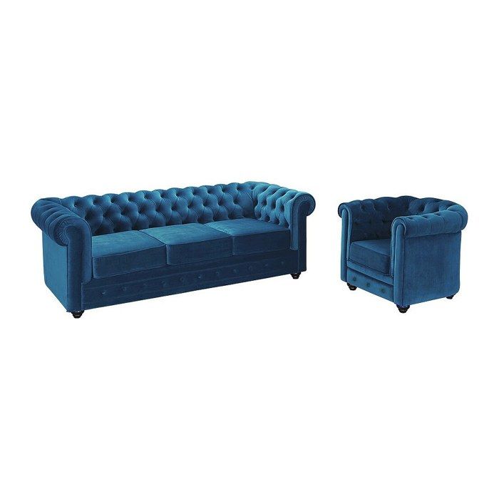 Canapé 3 places et fauteuil CHESTERFIELD - Velours bleu canard