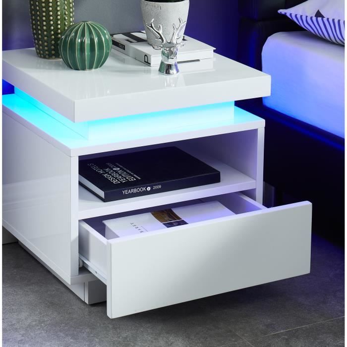 Table de chevet lot de 2 avec tiroir et niche avec LEDs MDF laqué blanc -  FABIO II