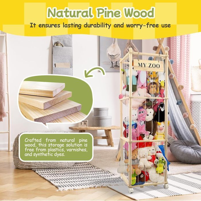 Rangement Doudous En Bois Avec Freins 360° Et Corde Élastique - 150x40x40cm - Grand Jouets Peluche
