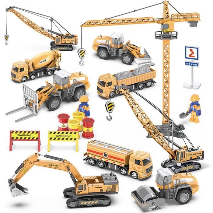 Camion Chantier Jouet Avec Grue, Bulldozer, Rouleau Et Chariot – Son Et Lumière – Cadeau 3-7 Ans